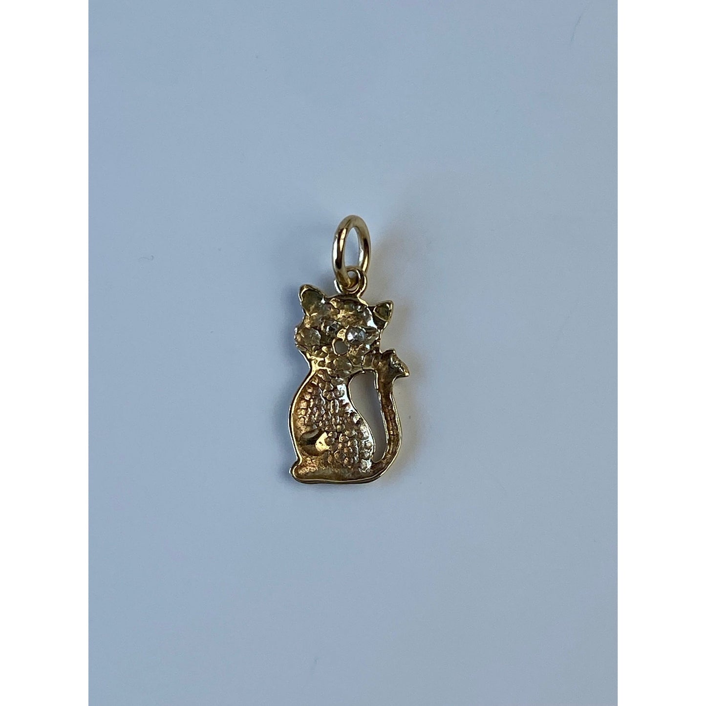 Vintage Solid 14k Yellow Gold Diamond Eyes Cat Charm