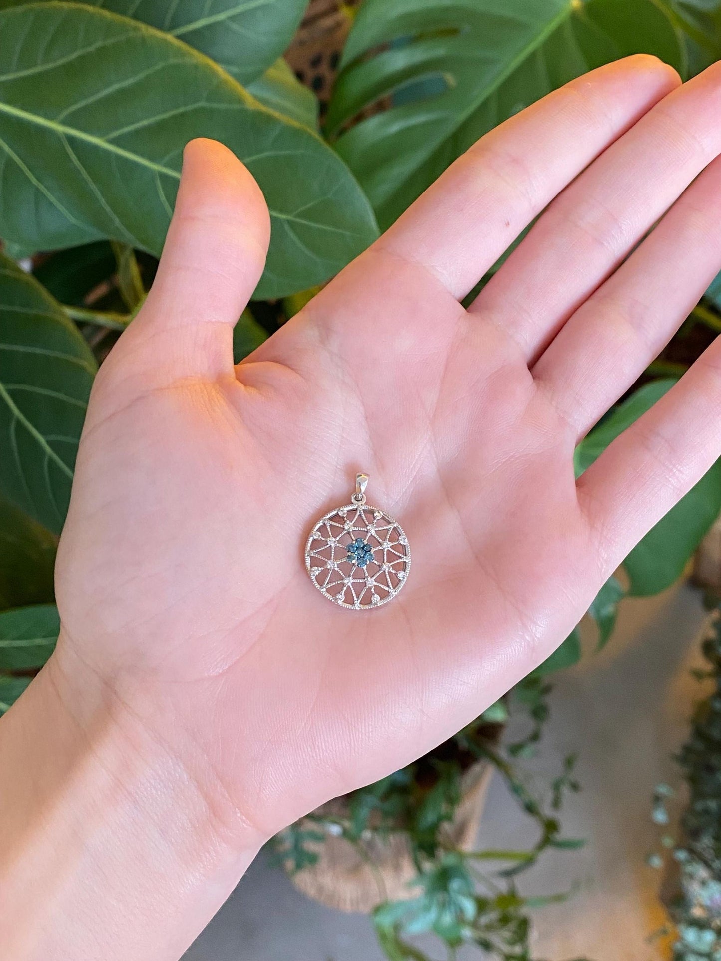 Vintage Solid 14k White Gold Blue & Clear Diamond Charm