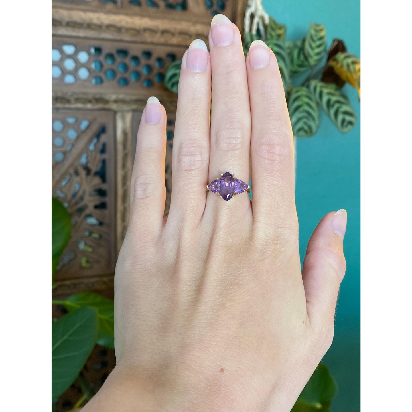 Vintage Solid 10k Yellow Gold Triple Amethyst Ring - Size 5.5