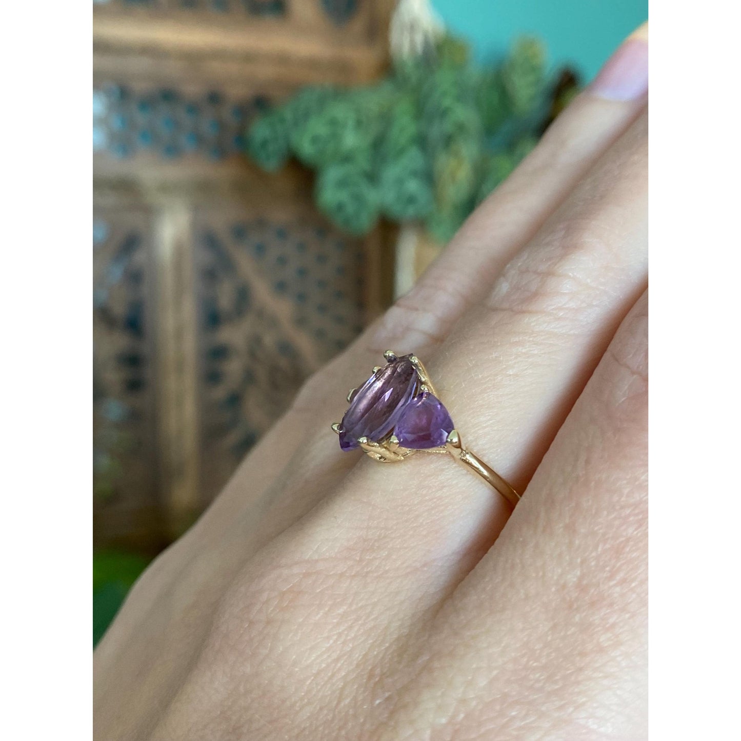 Vintage Solid 10k Yellow Gold Triple Amethyst Ring - Size 5.5