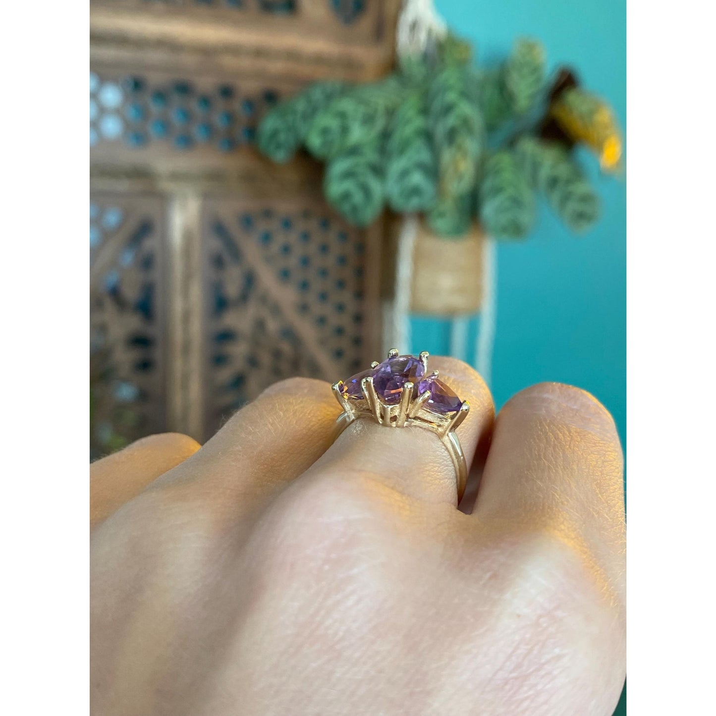 Vintage Solid 10k Yellow Gold Triple Amethyst Ring - Size 5.5