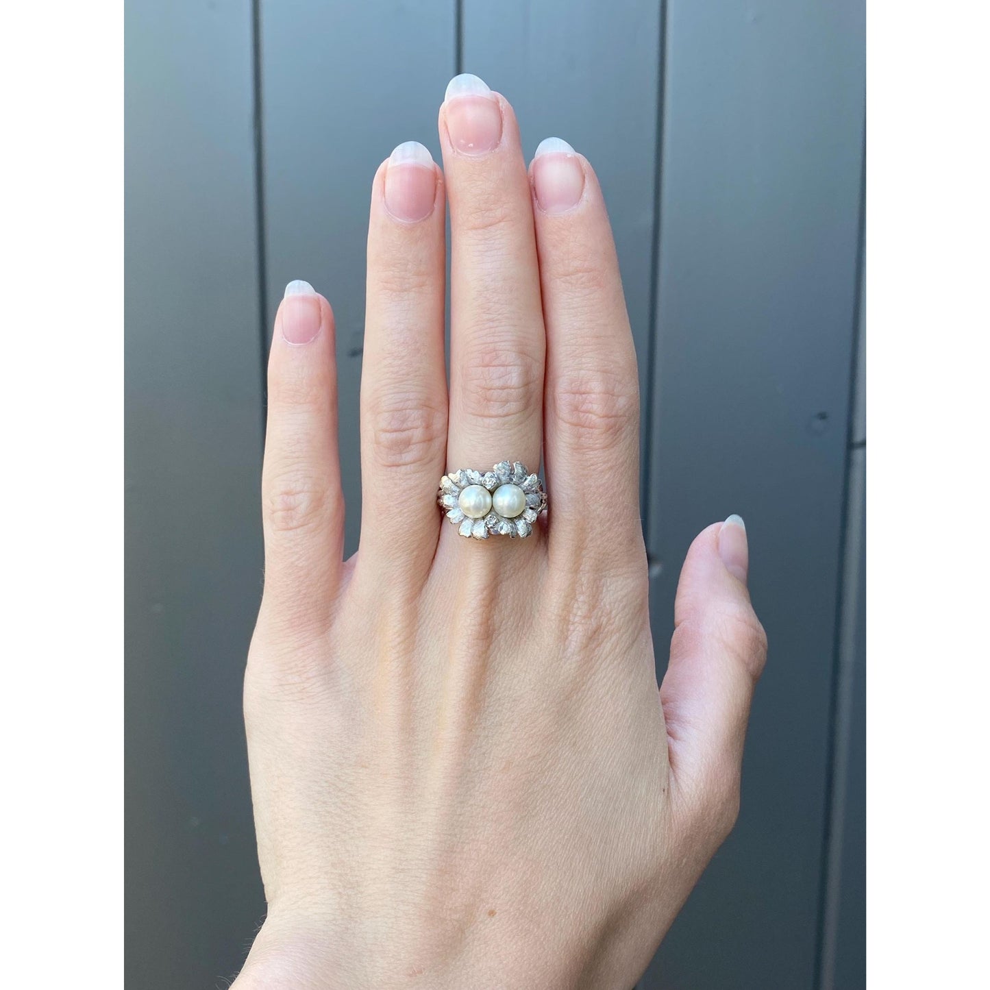 Vintage Solid 14k White Gold Diamond Pearl Flowers Ring - Size 5.5