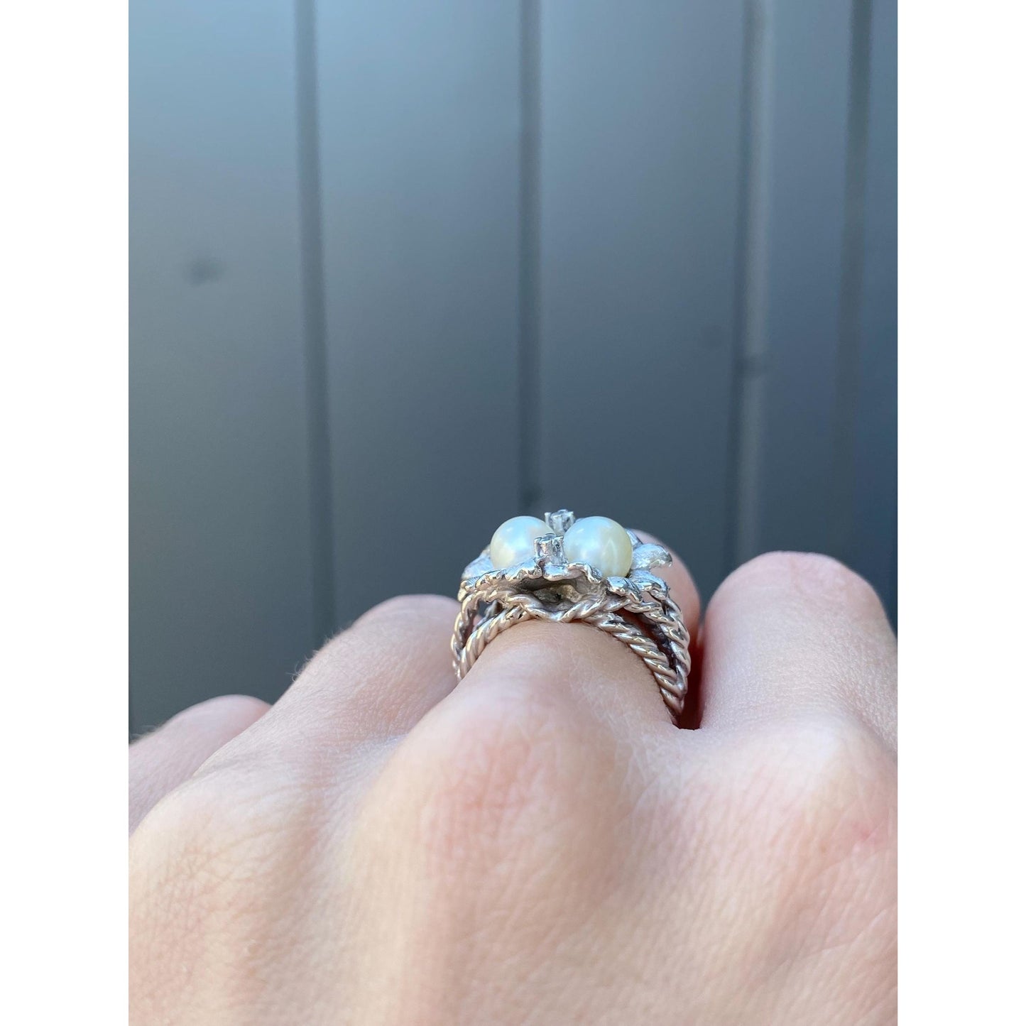 Vintage Solid 14k White Gold Diamond Pearl Flowers Ring - Size 5.5