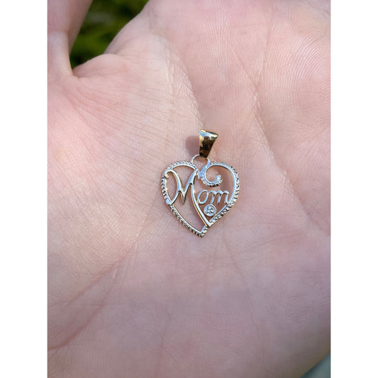 Solid 10k White & Yellow Gold 'Mom' Heart Charm