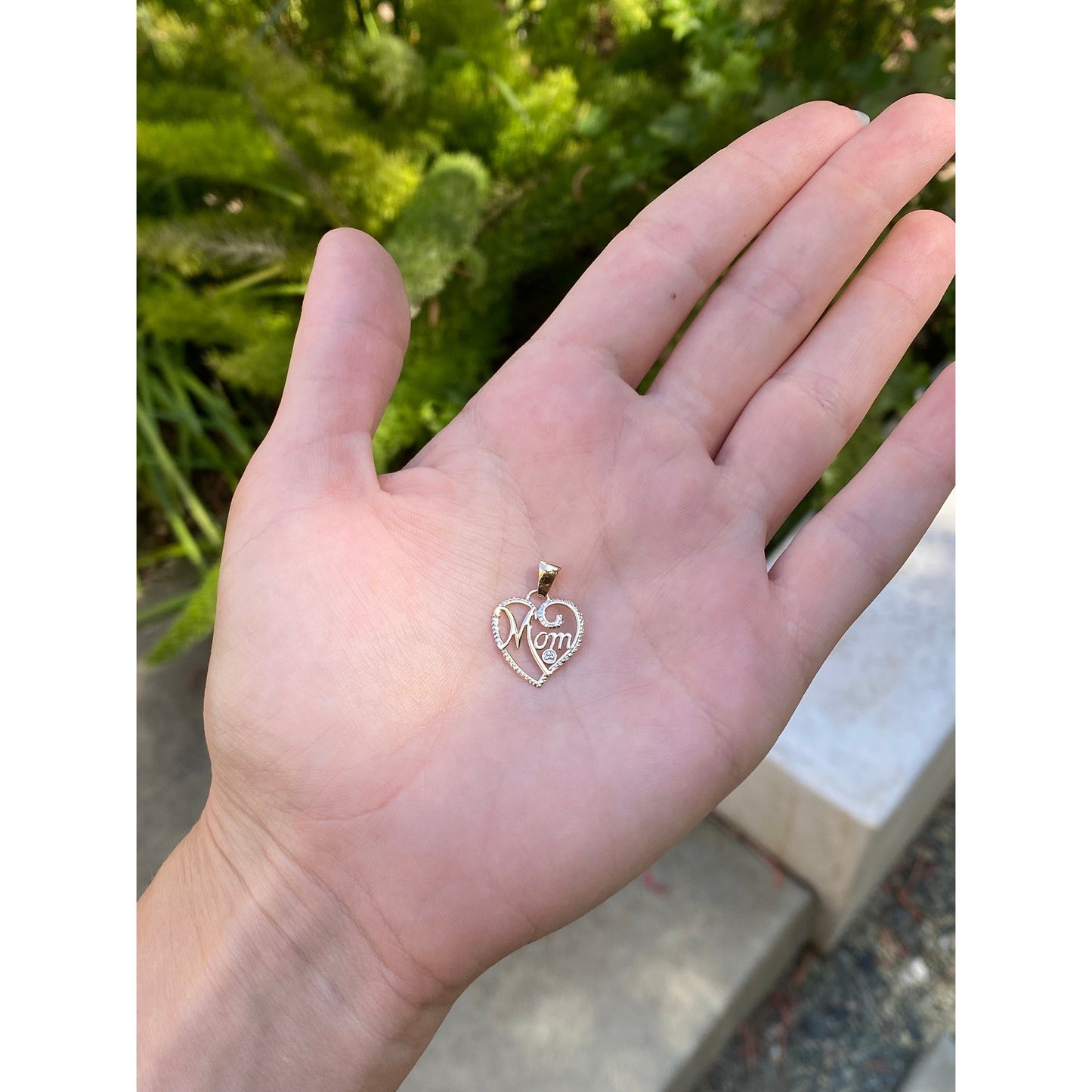 Solid 10k White & Yellow Gold 'Mom' Heart Charm