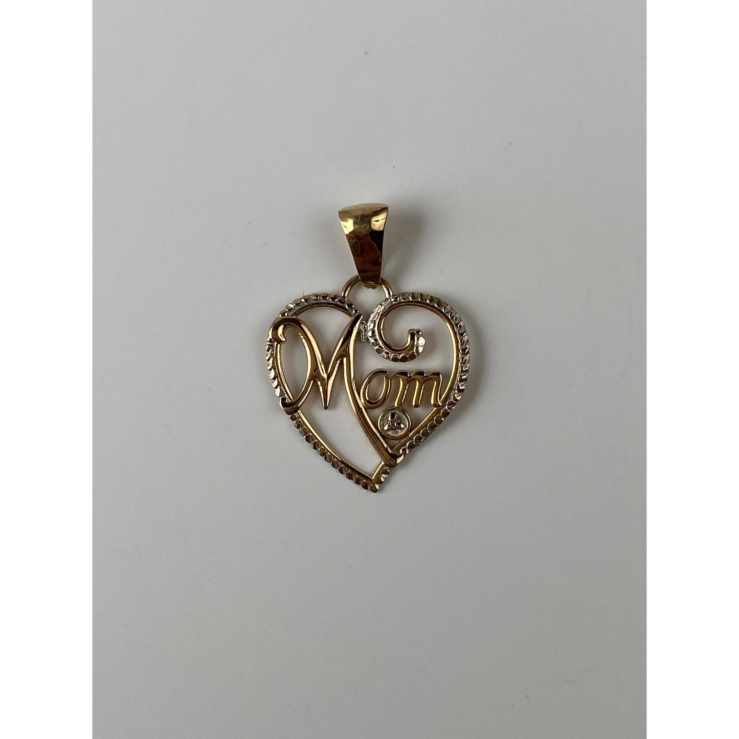 Solid 10k White & Yellow Gold 'Mom' Heart Charm