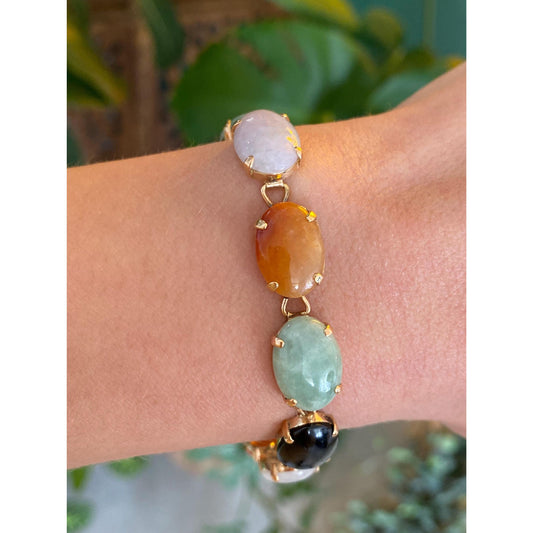 Vintage Solid 14k Yellow Gold Colored Jade & Onyx Bracelet - 7 inches