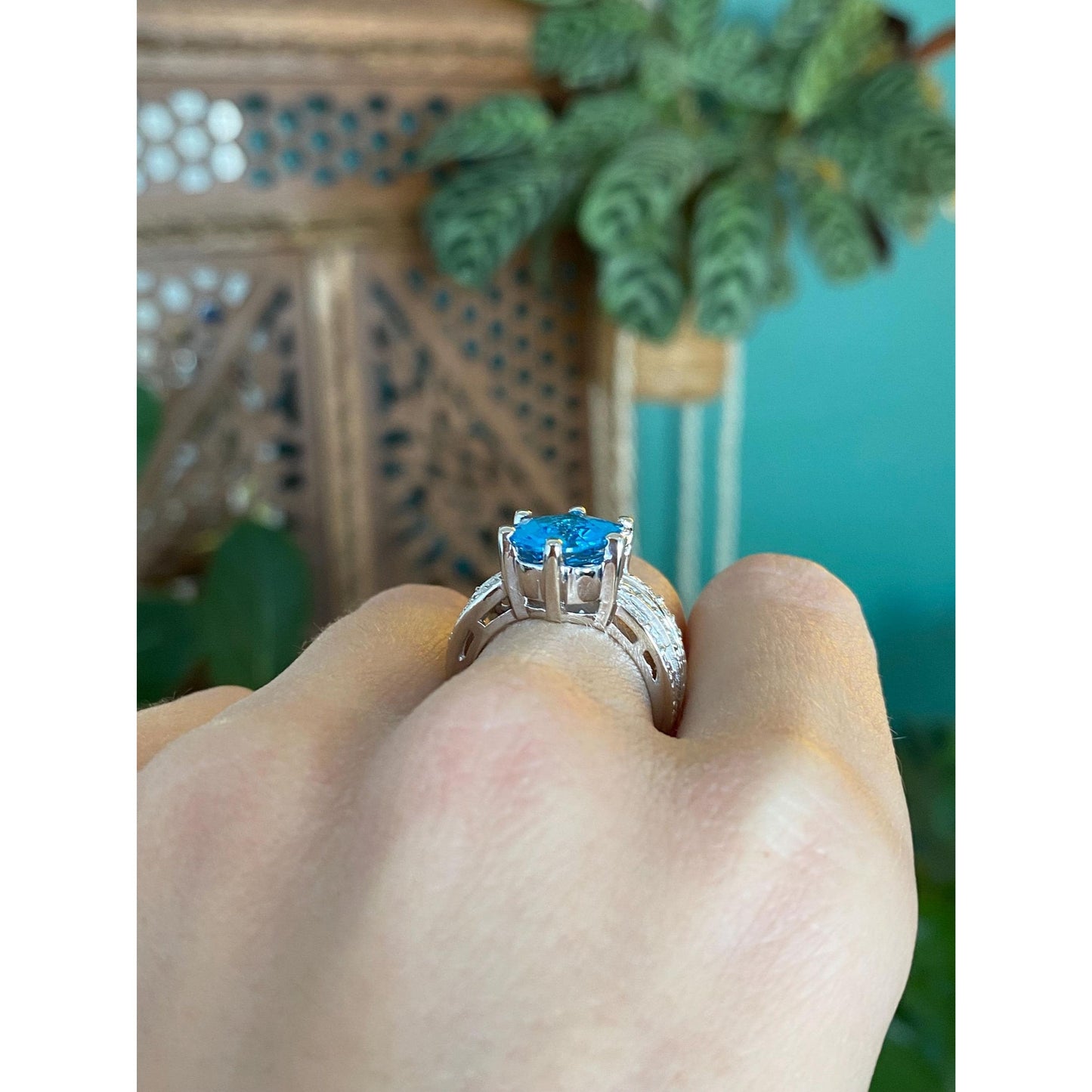 Vintage Solid 14k White Gold Diamond Topaz Ring - Size 6