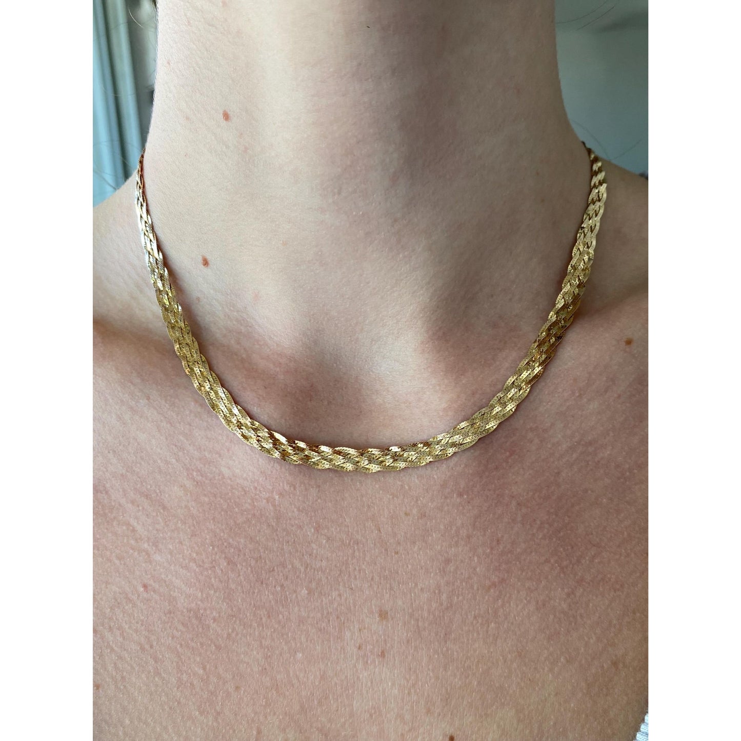 Solid 14k Yellow Gold Woven Flat Chain Necklace - 16.25 inches