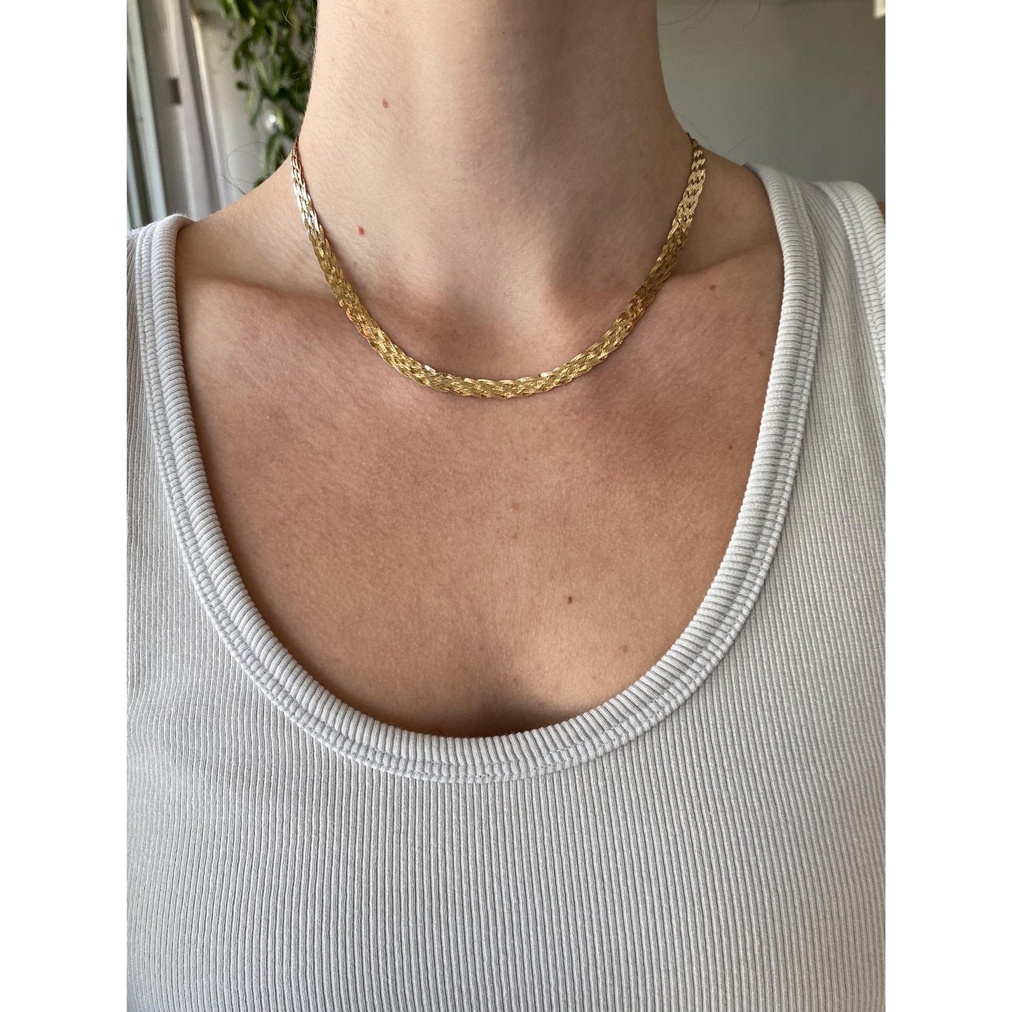 Solid 14k Yellow Gold Woven Flat Chain Necklace - 16.25 inches