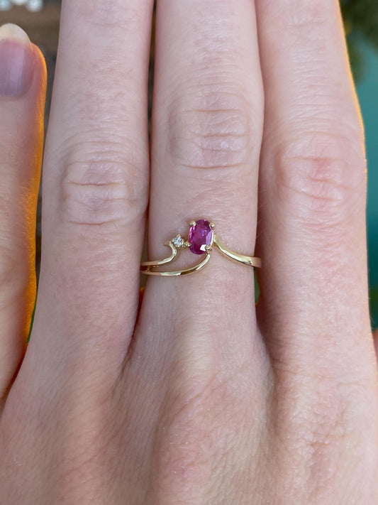 Vintage Solid 14k Yellow Gold Pink Sapphire Diamond Ring - Size 5.5