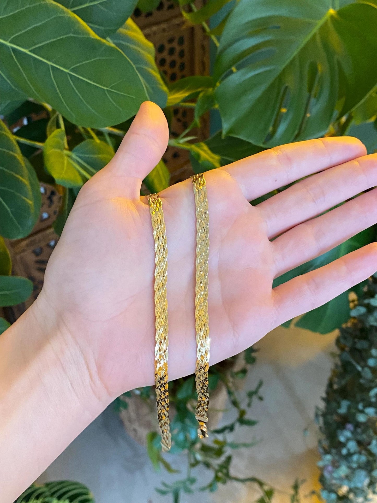 Vintage Solid 14k Yellow Gold Woven Flat Chain Necklace - 18 inches