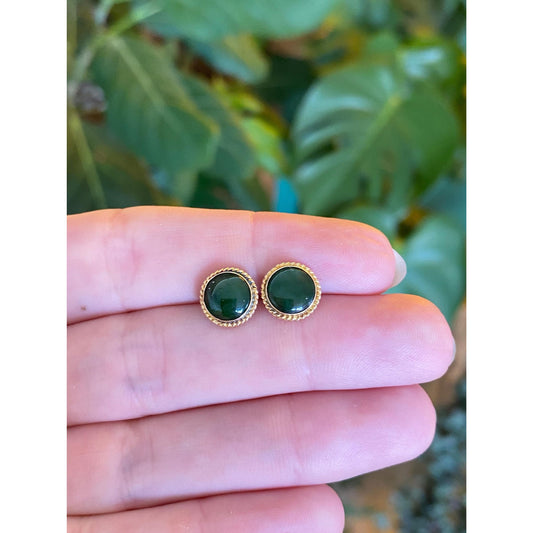 Vintage Solid 14k Yellow Gold Nephrite Jade Stud Earrings