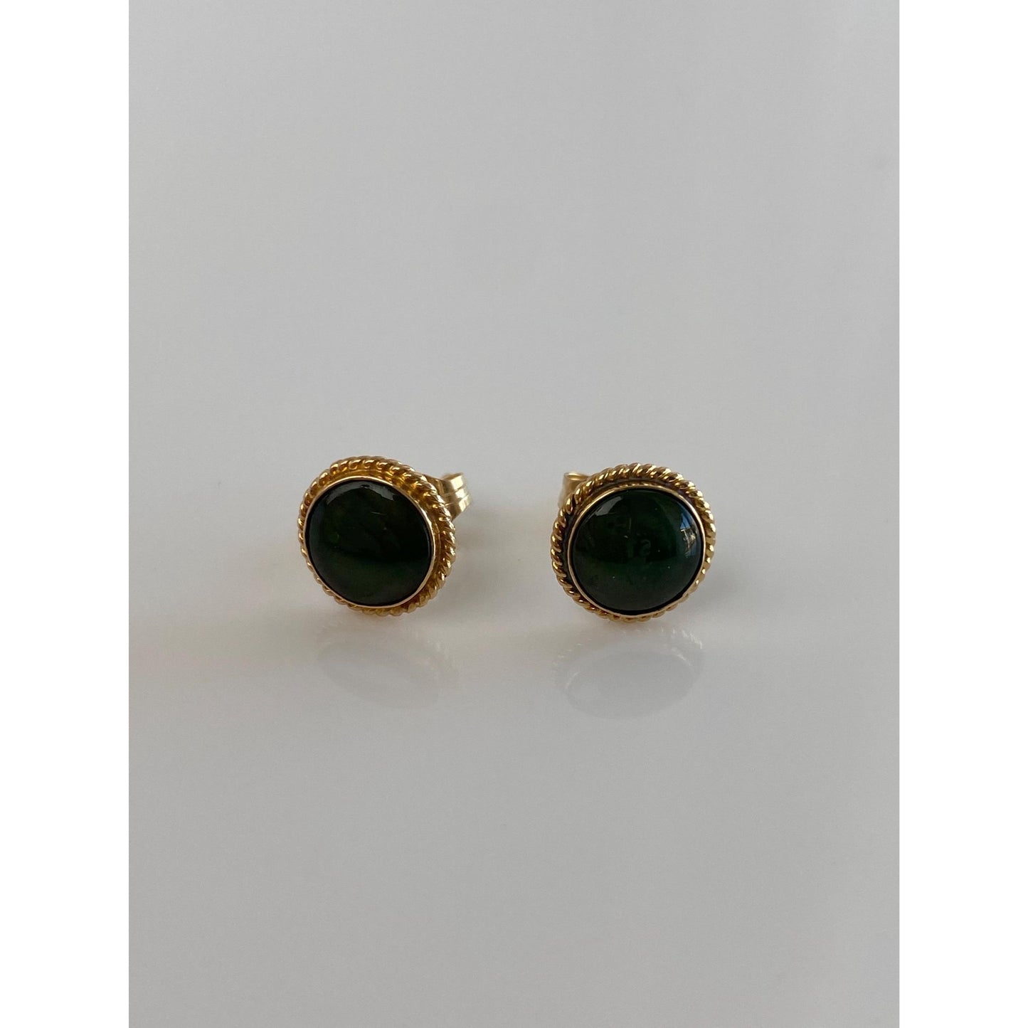 Vintage Solid 14k Yellow Gold Nephrite Jade Stud Earrings