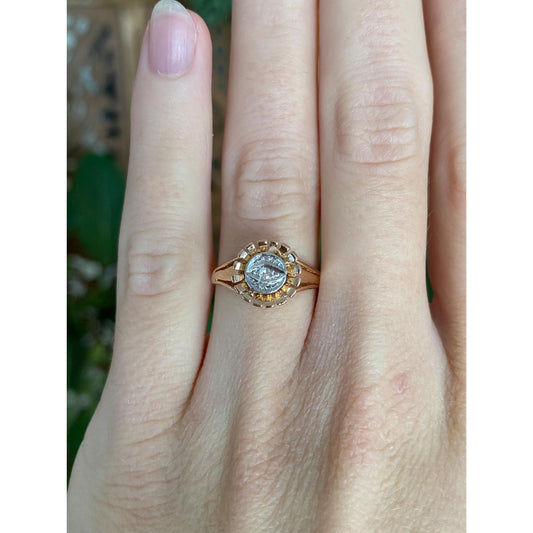 Vintage Solid 18k Rose & White Gold Clear Sapphire Eye Flower Ring - Size 5