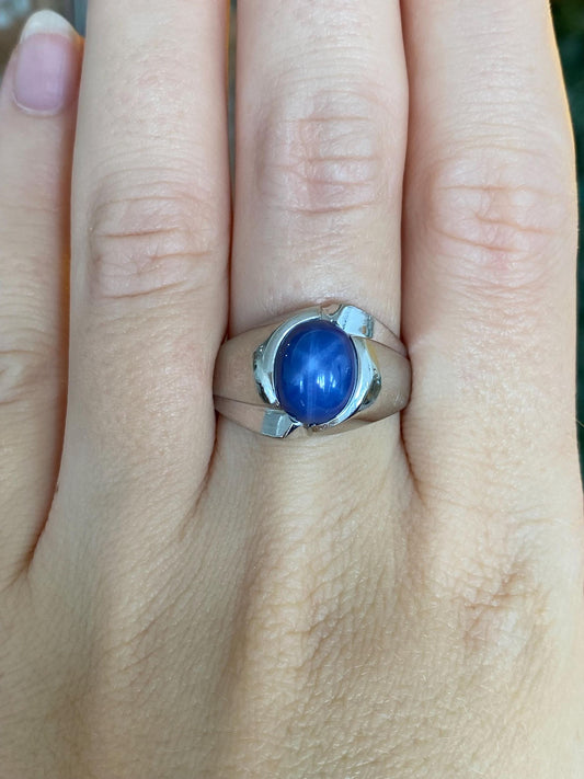 Vintage Solid 10k White Gold Blue Star Sapphire Ring - Size 9