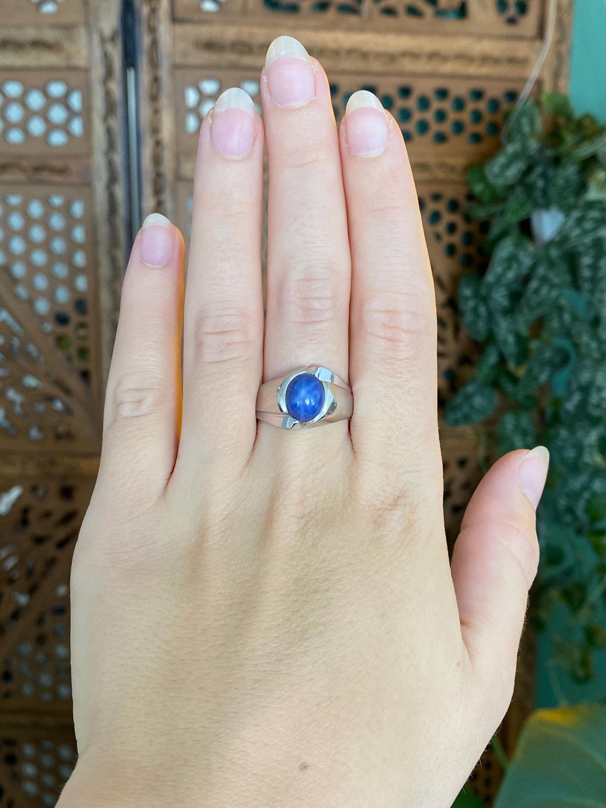 Vintage Solid 10k White Gold Blue Star Sapphire Ring - Size 9