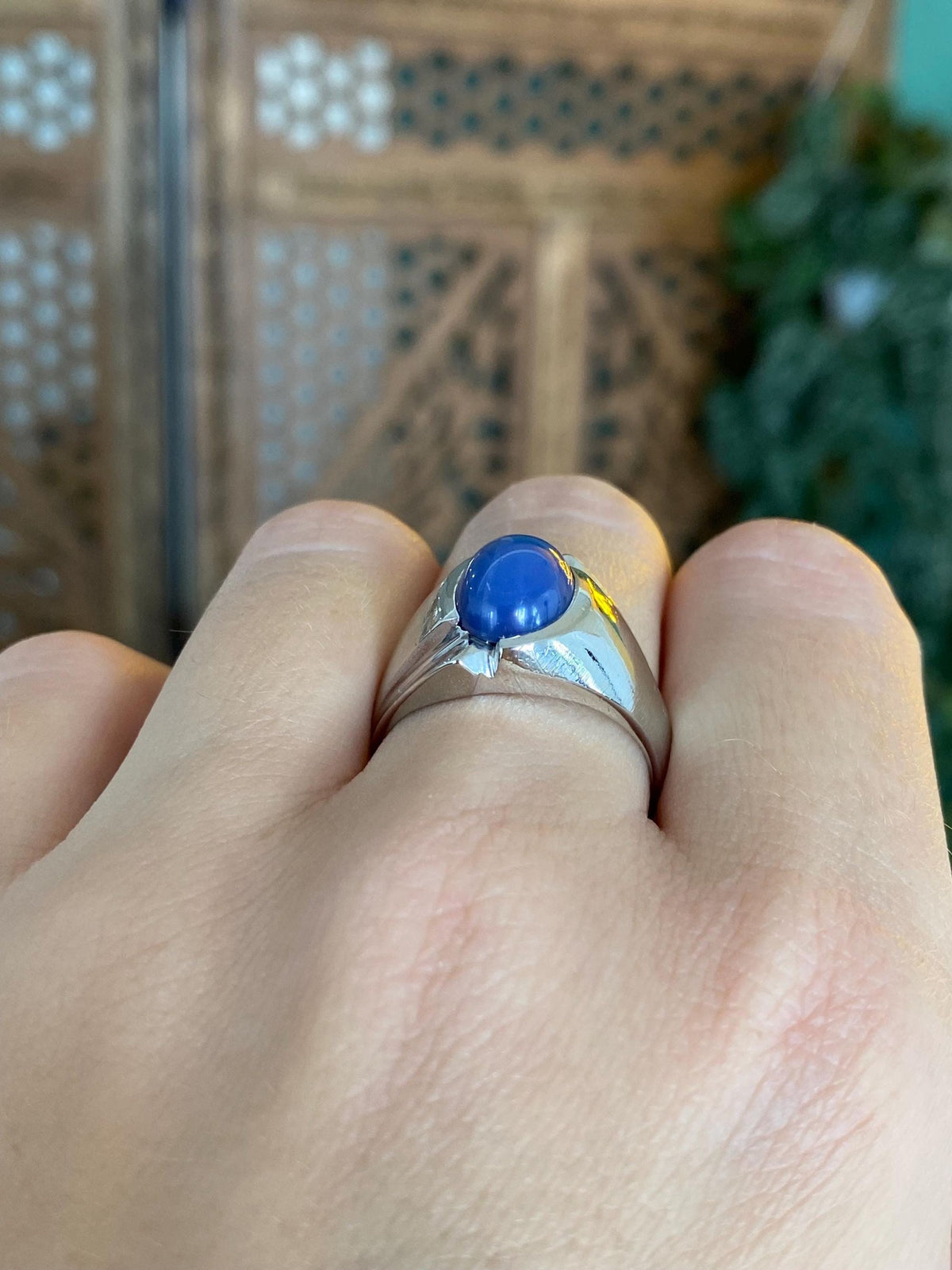 Vintage Solid 10k White Gold Blue Star Sapphire Ring - Size 9