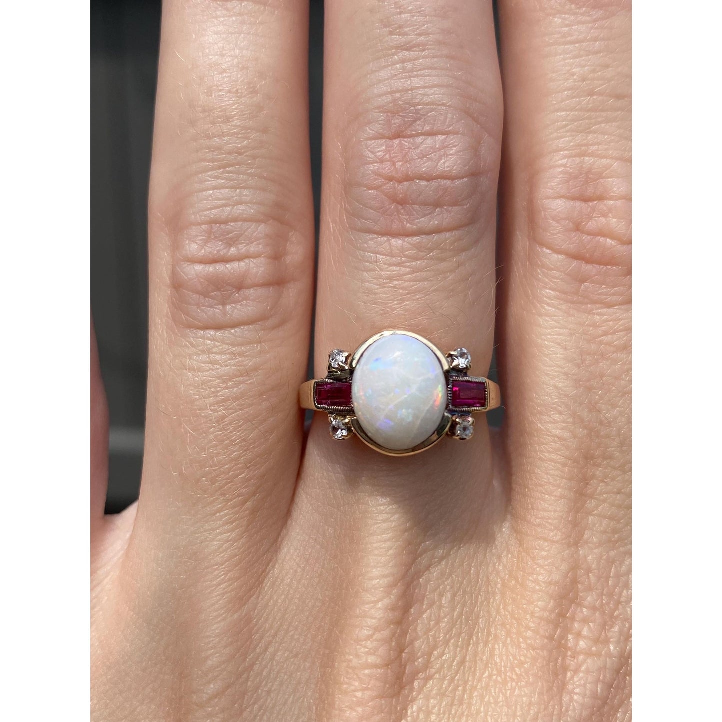 Vintage Solid 10k Yellow Gold Clear Quartz Pink Sapphire Opal Ring - Size 6