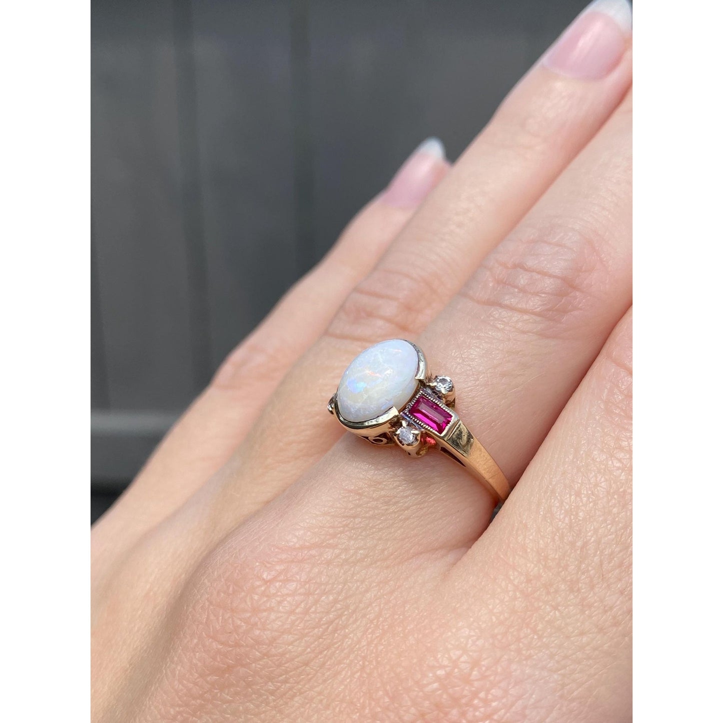 Vintage Solid 10k Yellow Gold Clear Quartz Pink Sapphire Opal Ring - Size 6