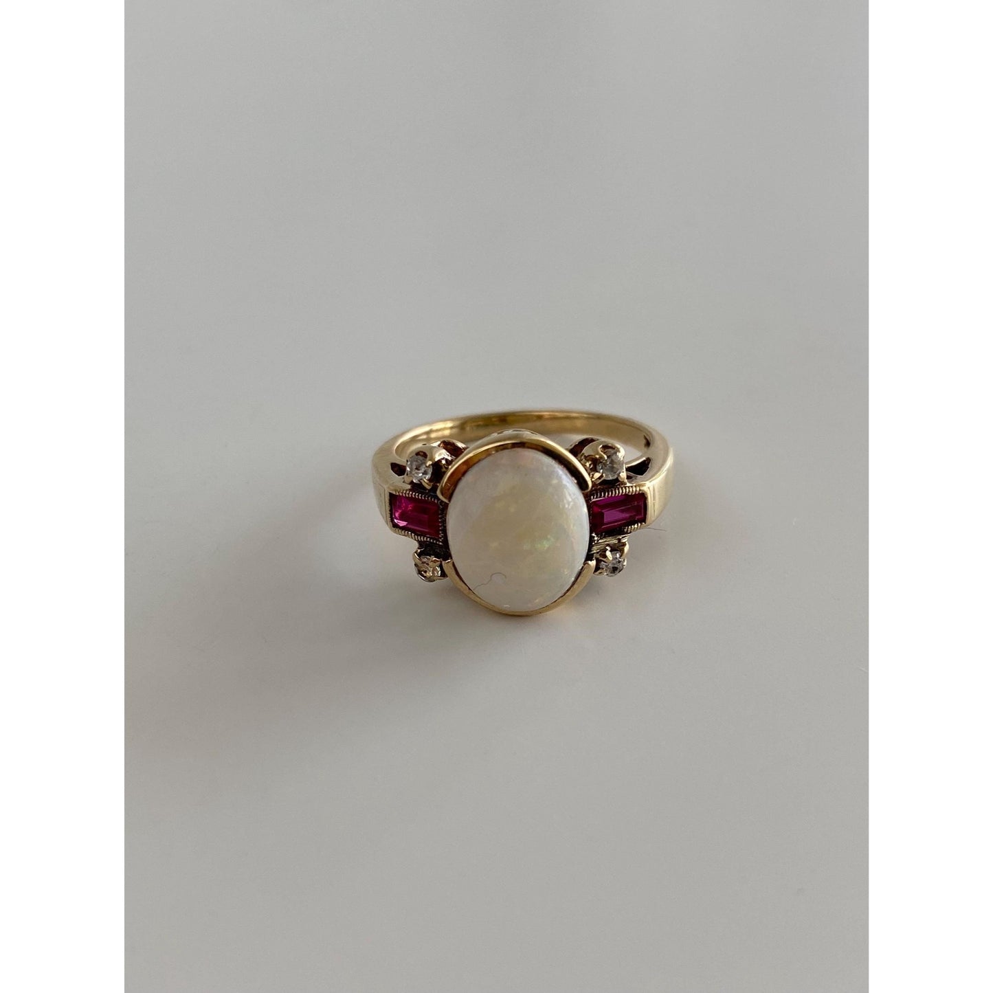 Vintage Solid 10k Yellow Gold Clear Quartz Pink Sapphire Opal Ring - Size 6