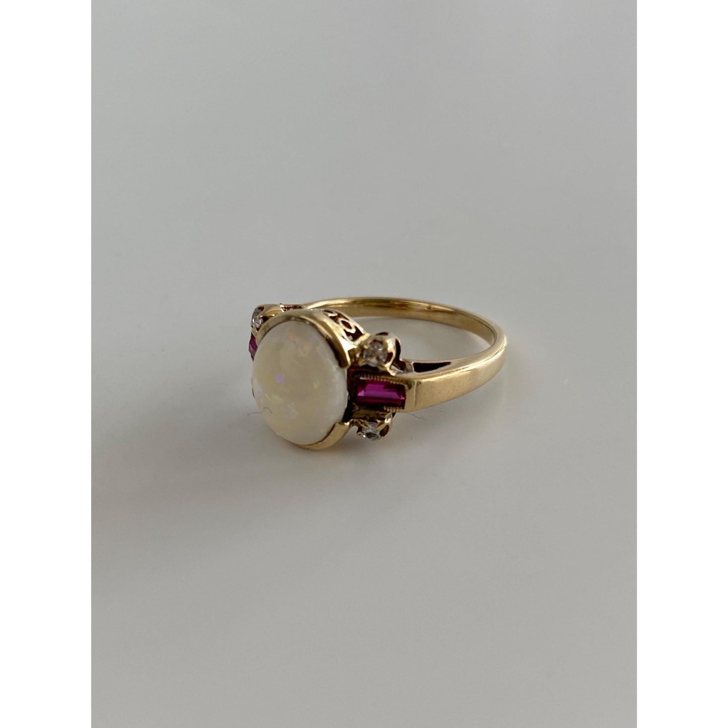 Vintage Solid 10k Yellow Gold Clear Quartz Pink Sapphire Opal Ring - Size 6