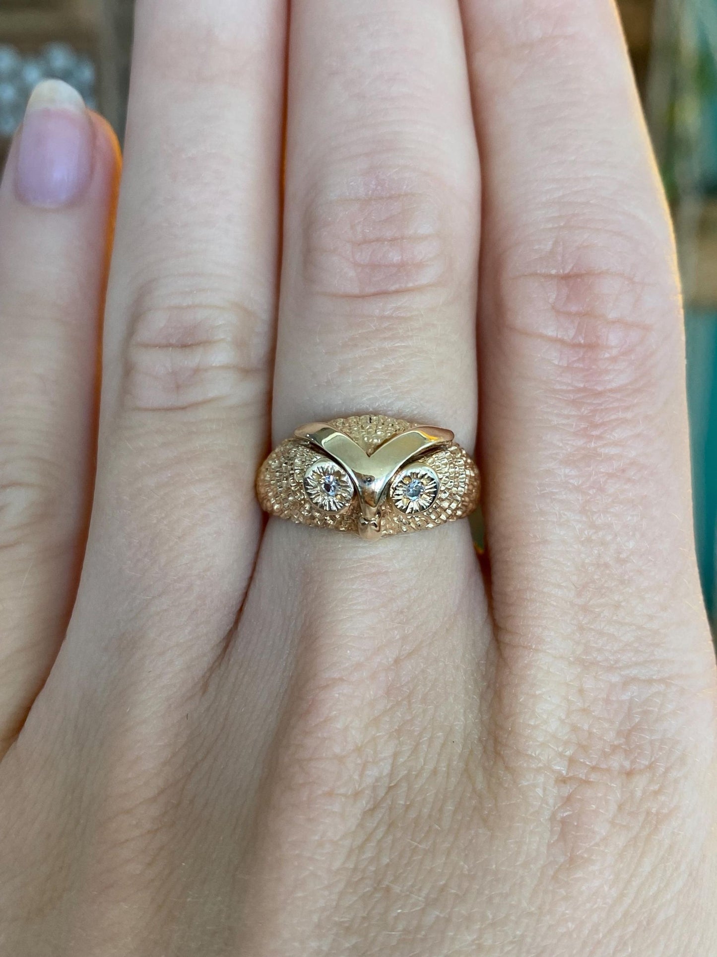 Solid 14k Yellow Gold Diamond Eyes Owl Ring - Size 6
