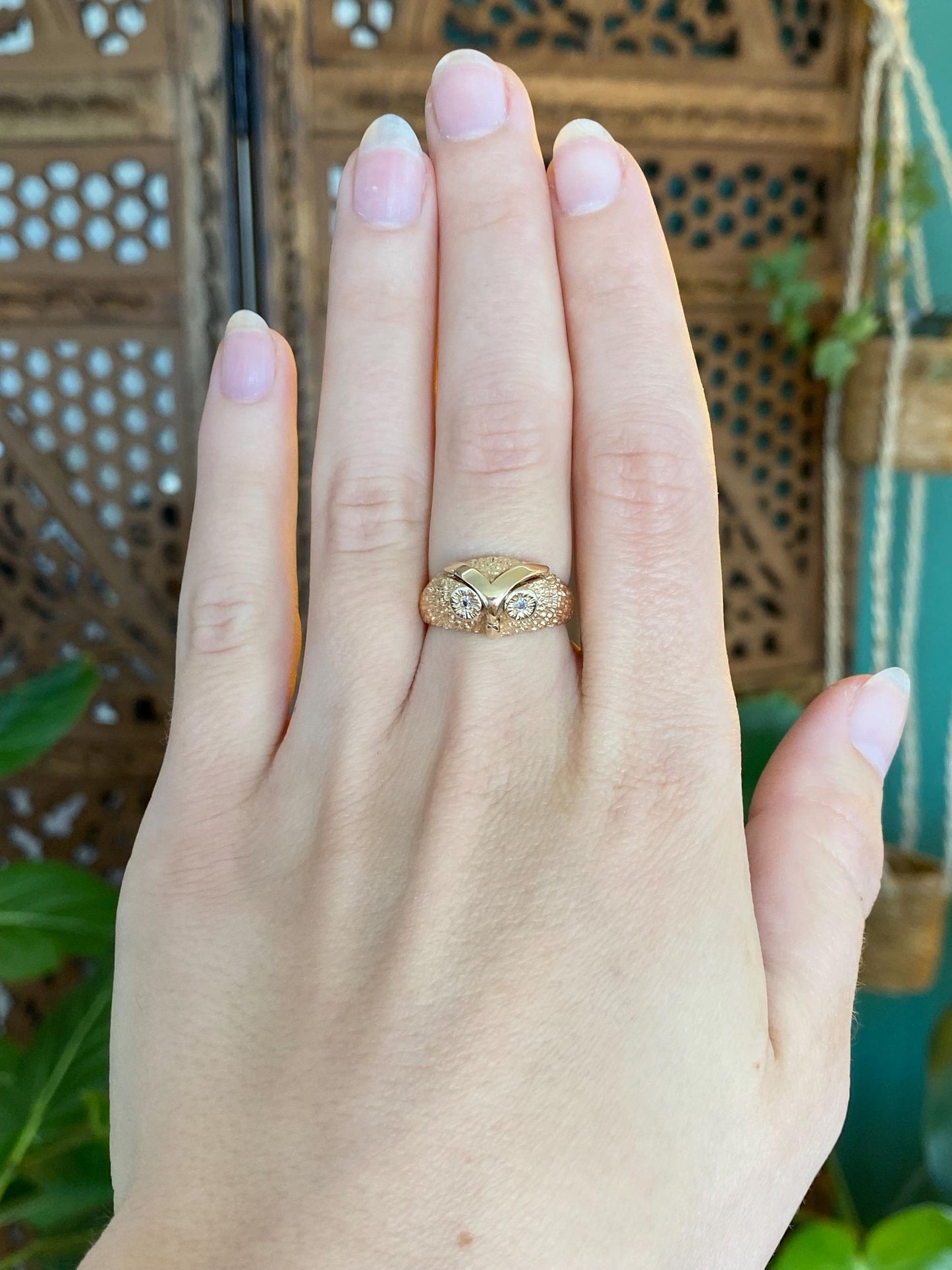 Solid 14k Yellow Gold Diamond Eyes Owl Ring - Size 6