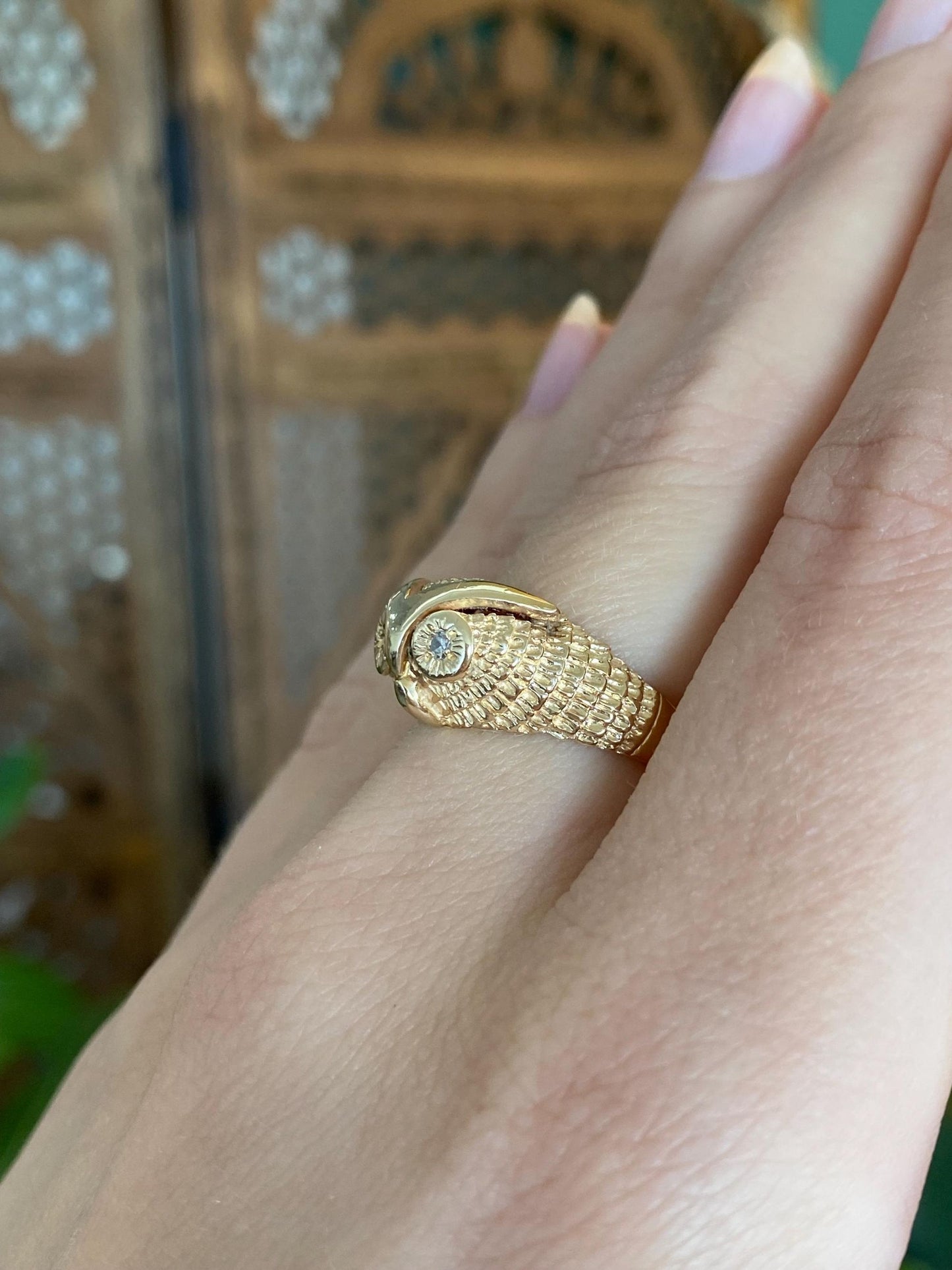 Solid 14k Yellow Gold Diamond Eyes Owl Ring - Size 6
