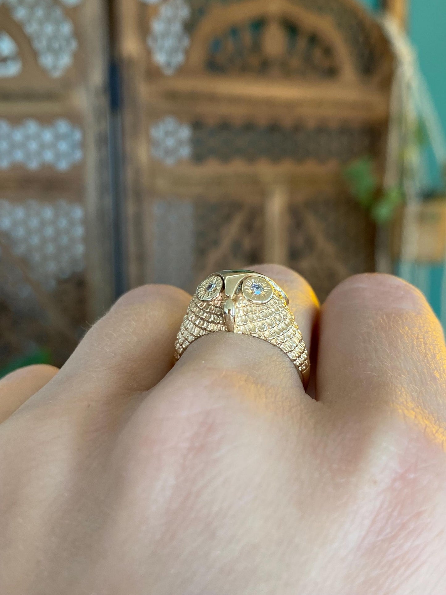 Solid 14k Yellow Gold Diamond Eyes Owl Ring - Size 6