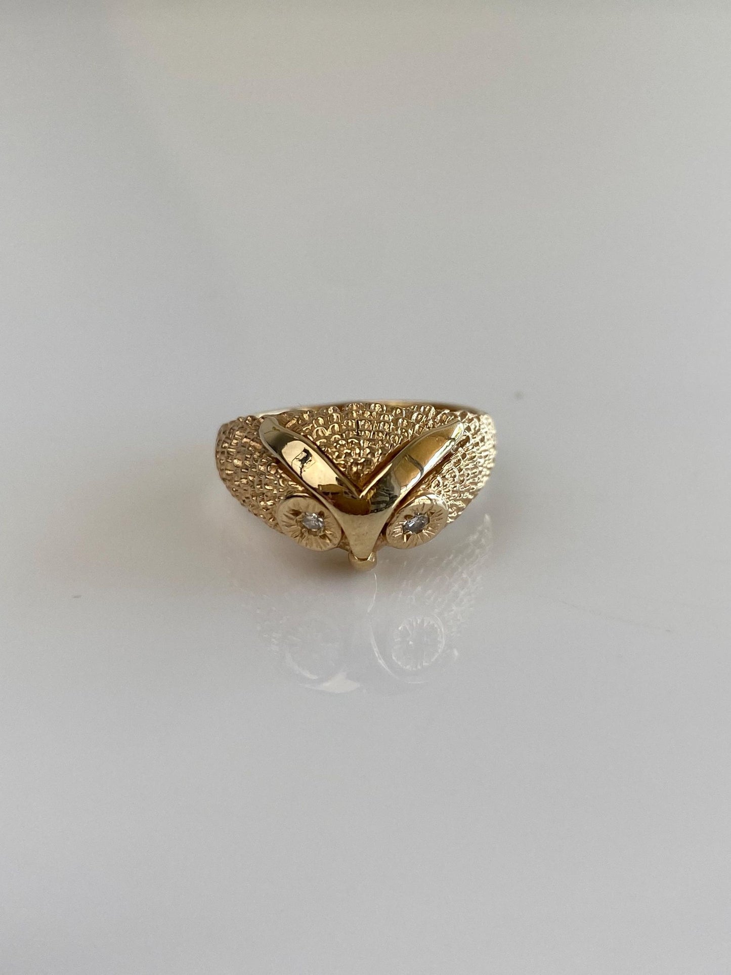 Solid 14k Yellow Gold Diamond Eyes Owl Ring - Size 6