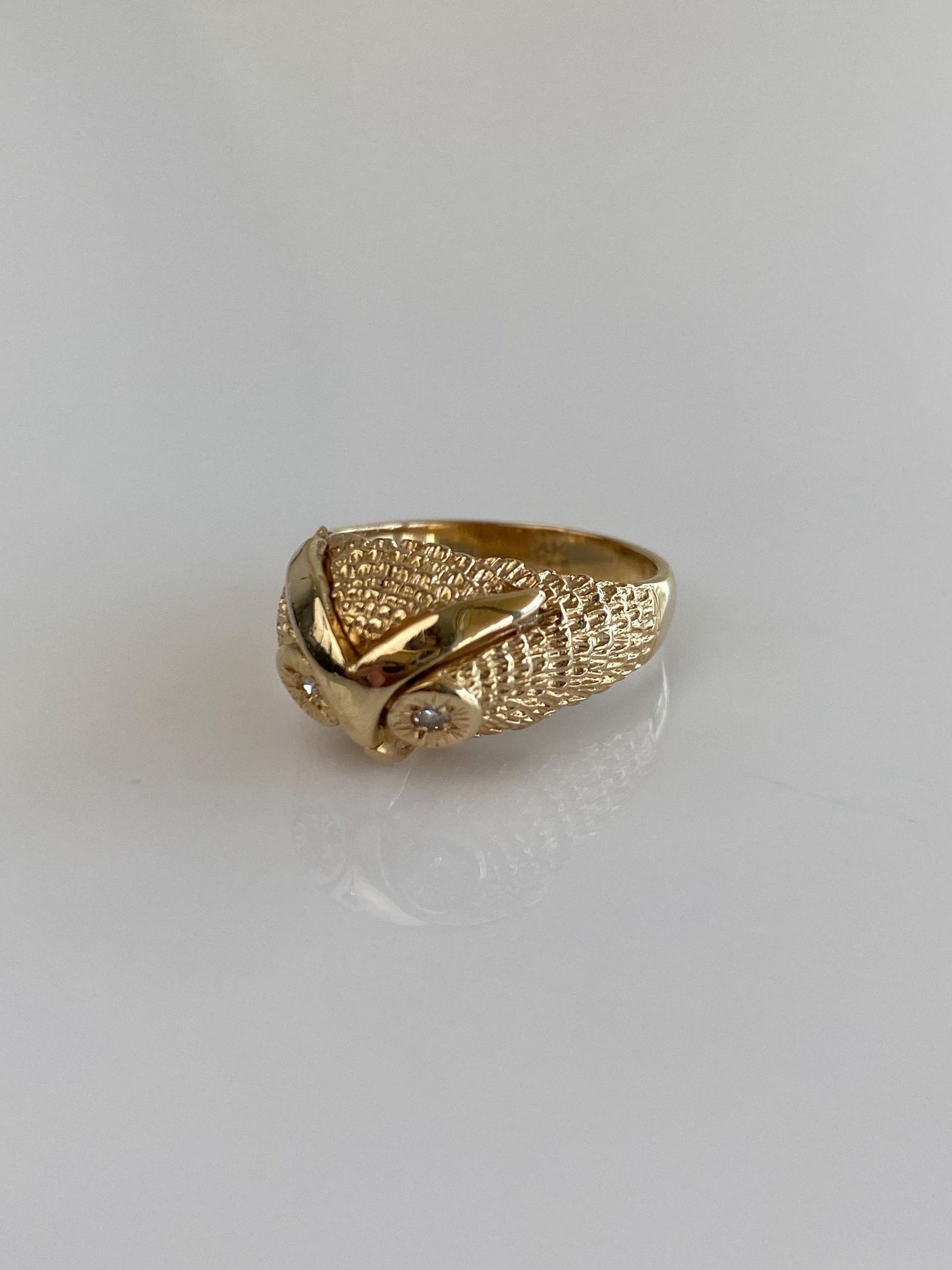 Solid 14k Yellow Gold Diamond Eyes Owl Ring - Size 6