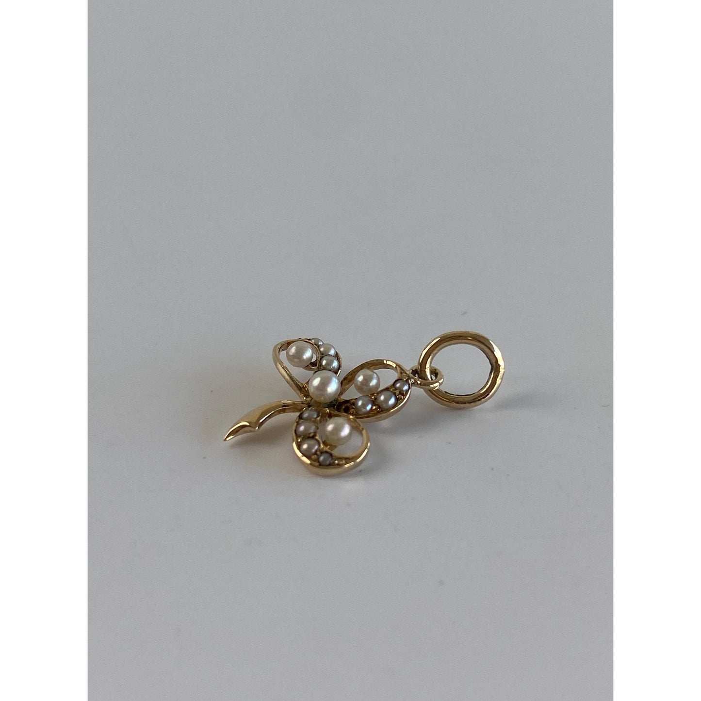 Vintage Solid 14k Yellow Gold Seed Pearl Clover Charm