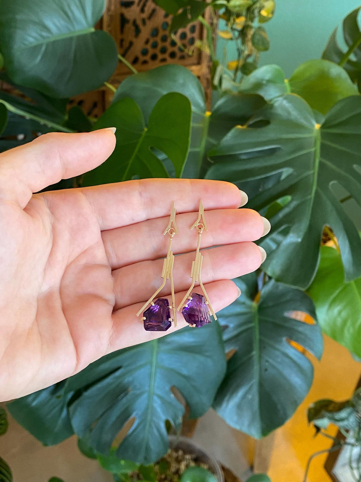 Vintage Solid 14k Yellow Gold Fancy Amethyst Geometric Dangle Stud Earrings