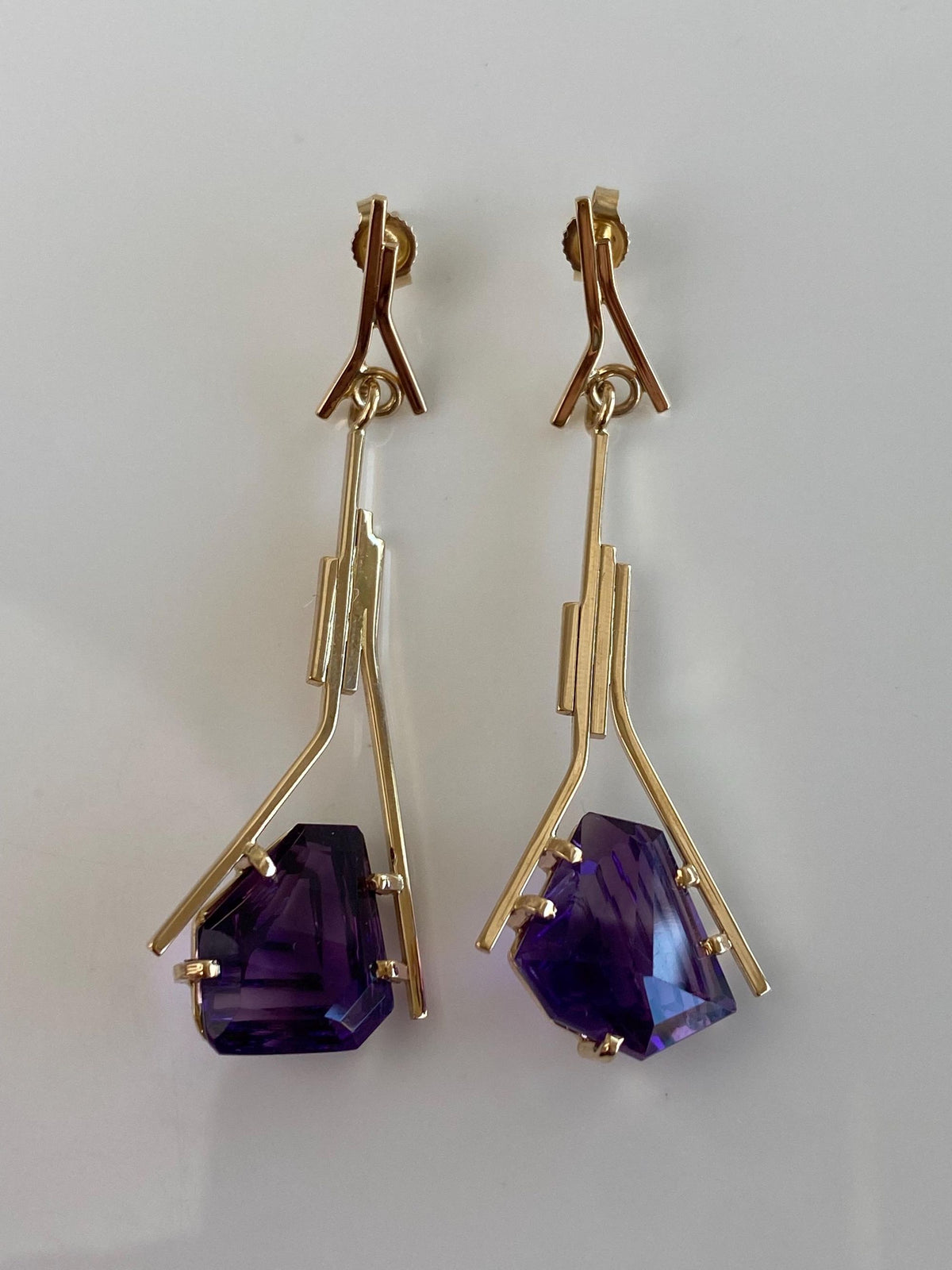 Vintage Solid 14k Yellow Gold Fancy Amethyst Geometric Dangle Stud Earrings