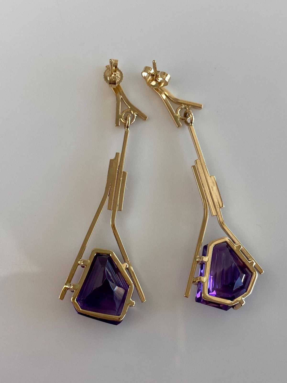 Vintage Solid 14k Yellow Gold Fancy Amethyst Geometric Dangle Stud Earrings