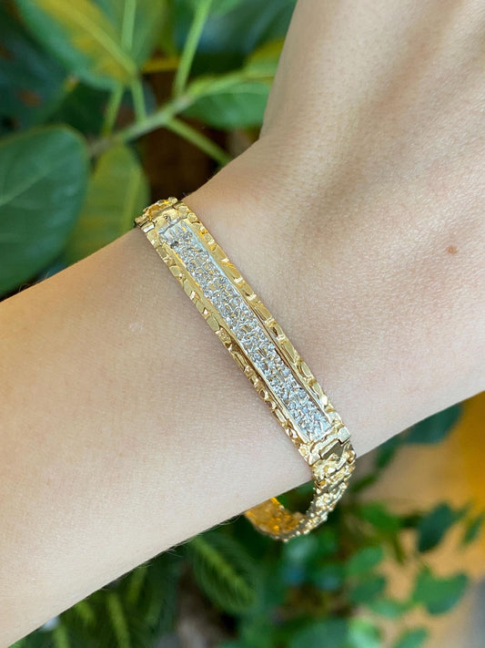 Vintage Solid 14k White & Yellow Gold Diamonds Link Bracelet - 8 Inches