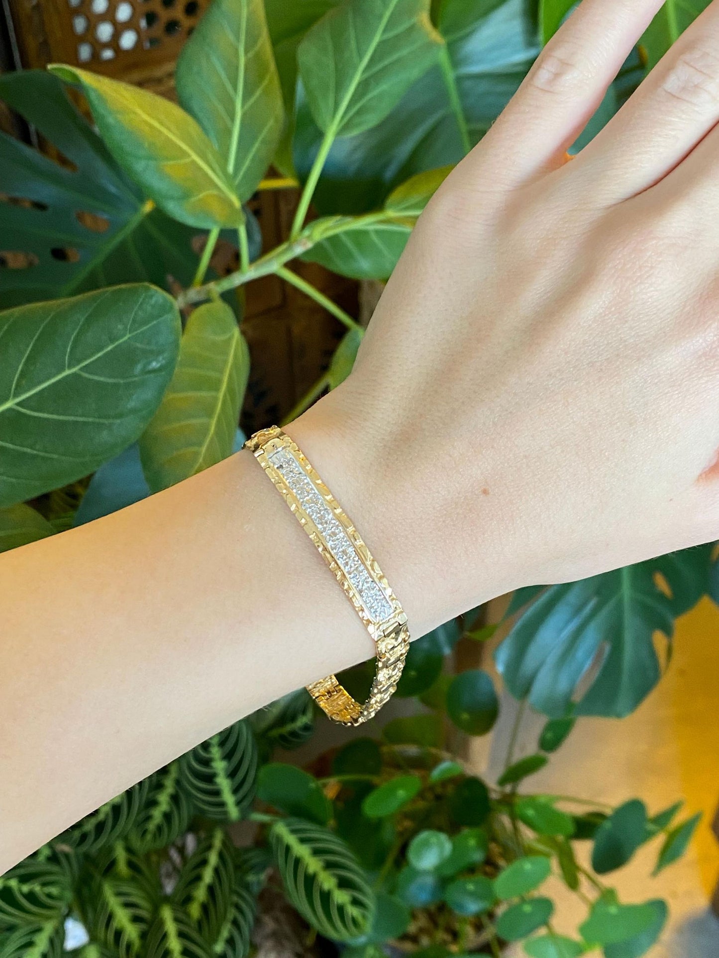 Vintage Solid 14k White & Yellow Gold Diamonds Link Bracelet - 8 Inches