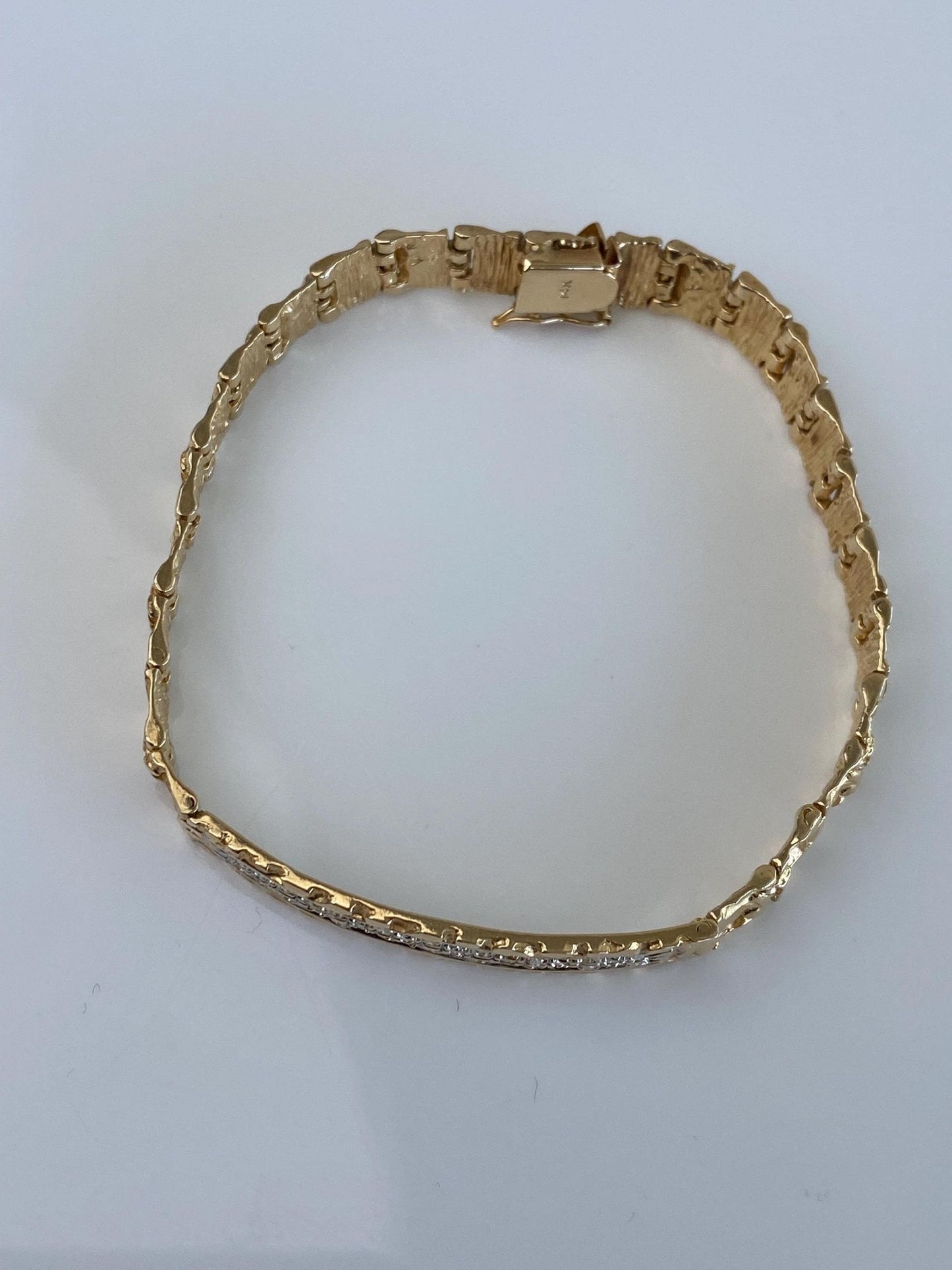 Vintage Solid 14k White & Yellow Gold Diamonds Link Bracelet - 8 Inches