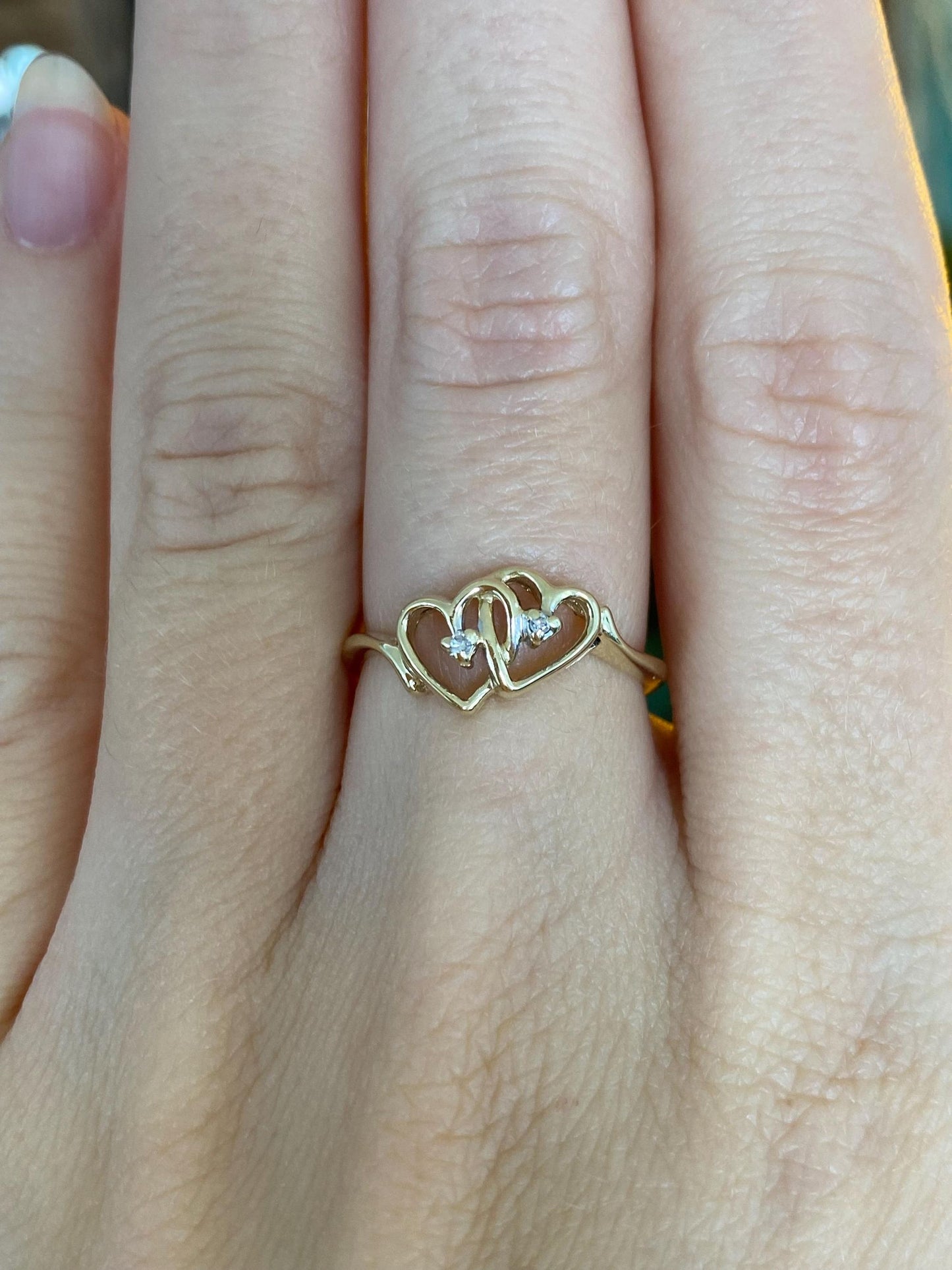 Vintage Solid 10k Yellow Gold Diamond Hearts Ring - Size 6.5