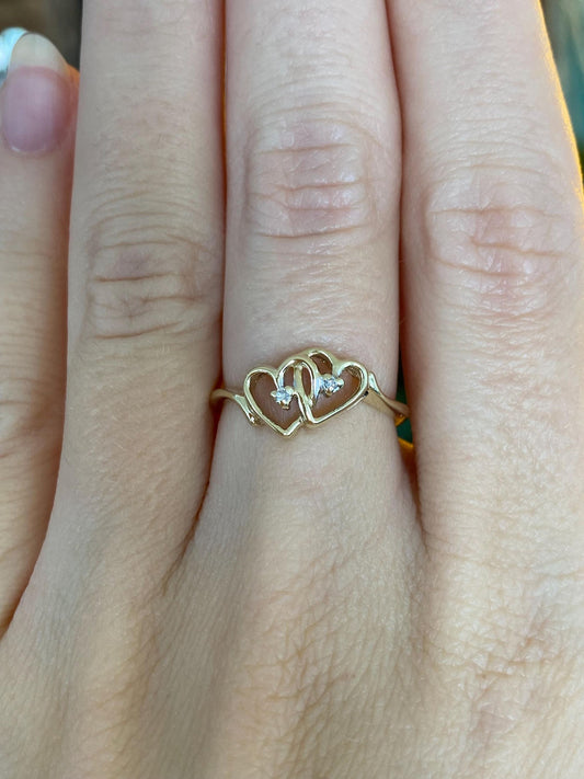 Vintage Solid 10k Yellow Gold Diamond Hearts Ring - Size 6.5