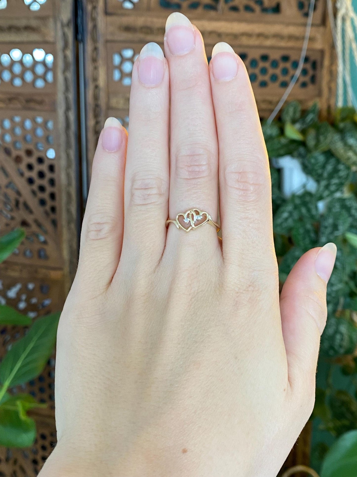 Vintage Solid 10k Yellow Gold Diamond Hearts Ring - Size 6.5