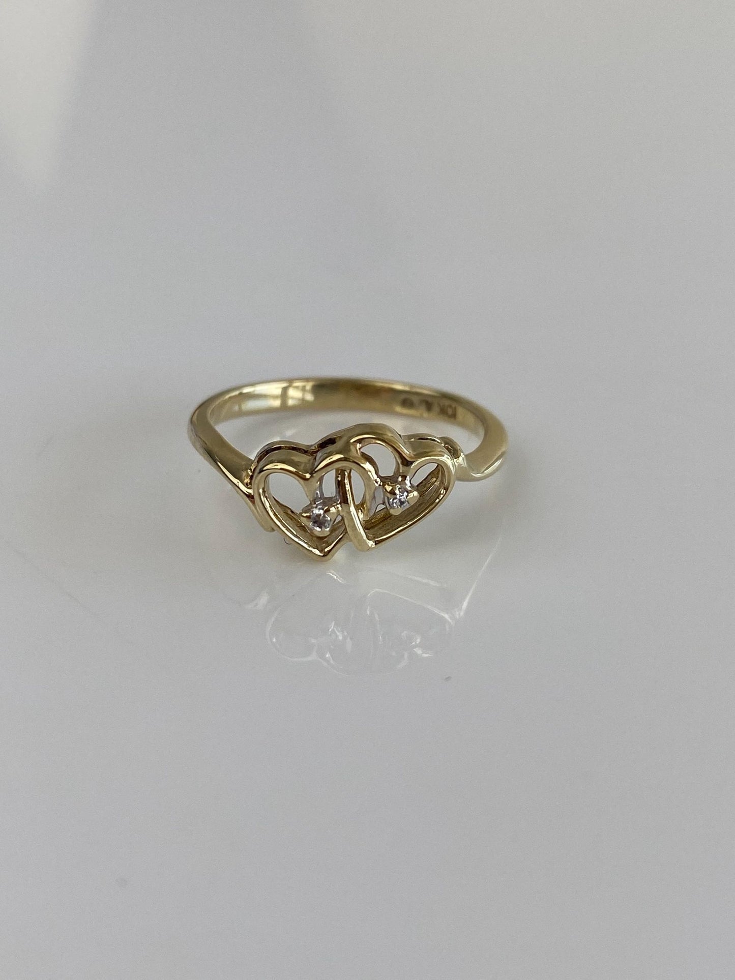 Vintage Solid 10k Yellow Gold Diamond Hearts Ring - Size 6.5