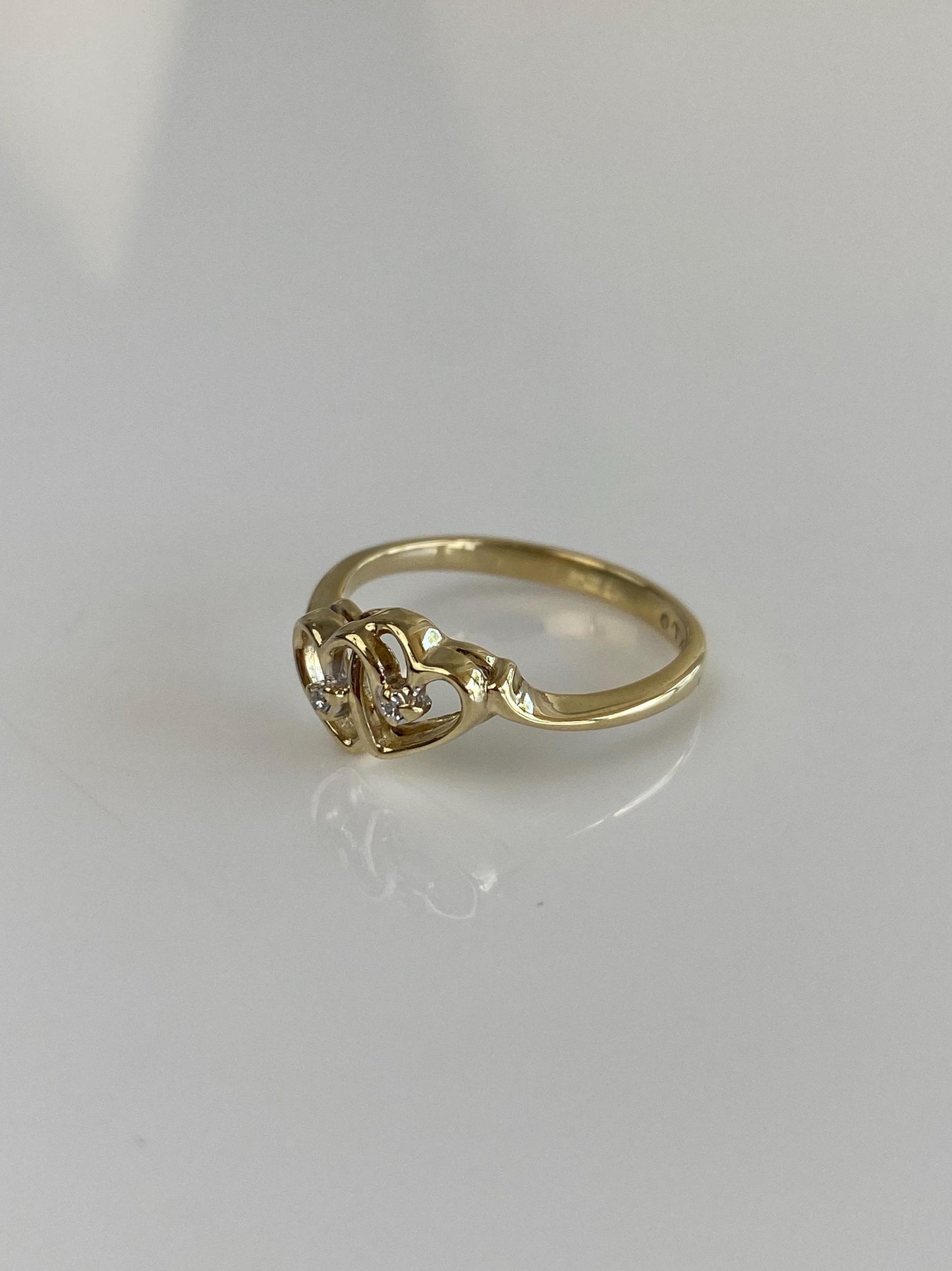 Vintage Solid 10k Yellow Gold Diamond Hearts Ring - Size 6.5