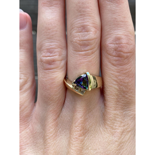 Vintage Solid 14k Yellow Gold Diamond Mystic Topaz Ring - Size 6