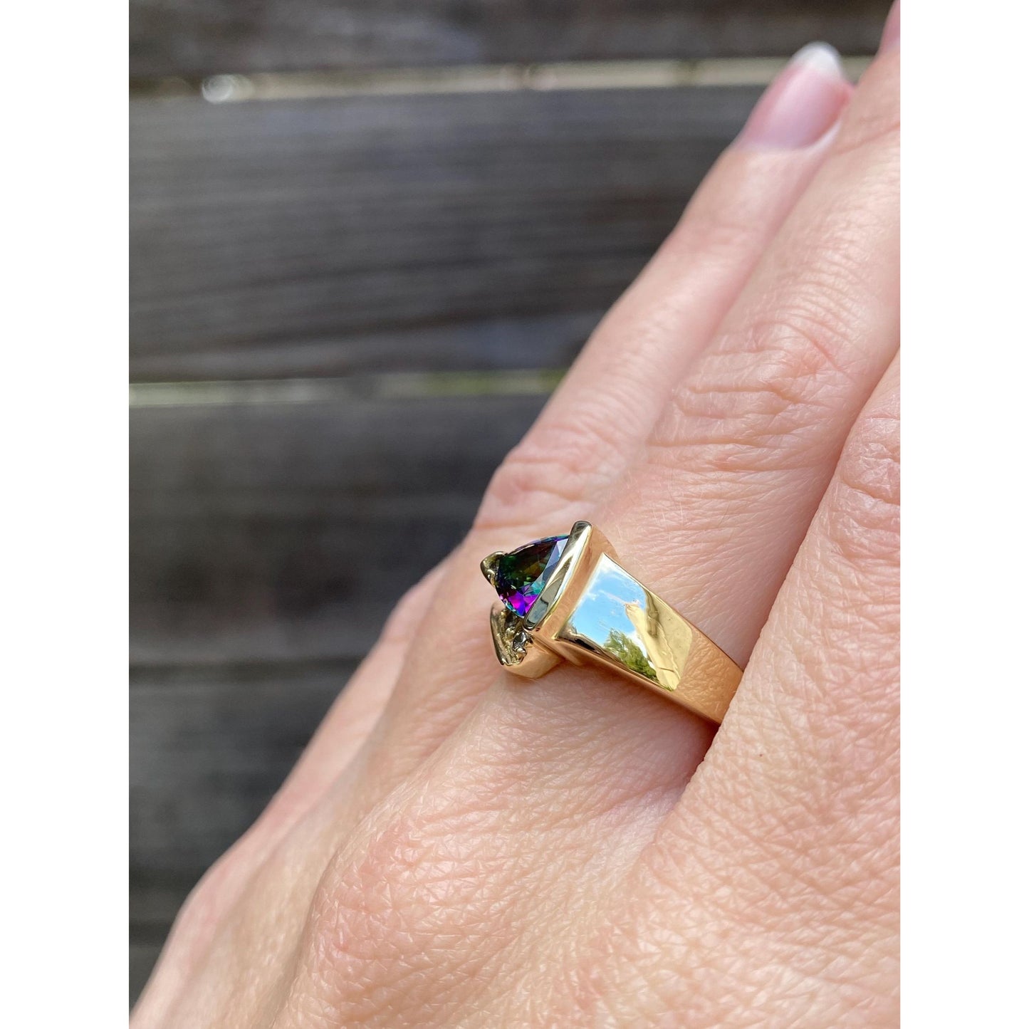 Vintage Solid 14k Yellow Gold Diamond Mystic Topaz Ring - Size 6