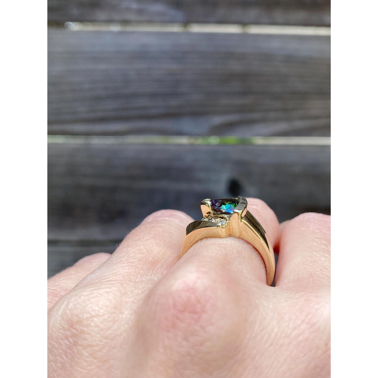 Vintage Solid 14k Yellow Gold Diamond Mystic Topaz Ring - Size 6