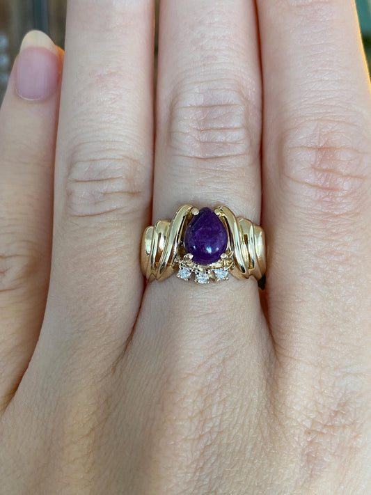 Vintage Solid 14k Yellow Gold Diamond Purple Charoite Designed Ring - Size 6.5