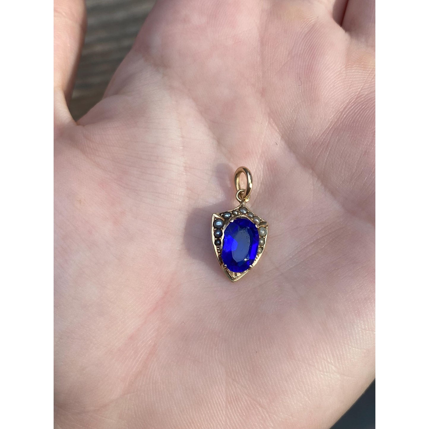 Vintage Solid 10k Yellow Gold Blue Cubic Zirconia Seed Pearl Charm