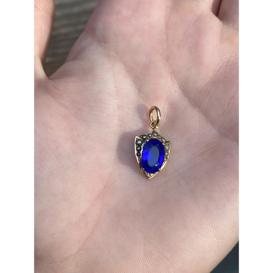 Vintage Solid 10k Yellow Gold Blue Cubic Zirconia Seed Pearl Charm